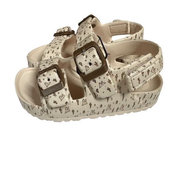 Toddler Double Buckle Sandals Adjustable Cactus Print Tan Brown Back Strap 5-6 - Picture 5 of 9